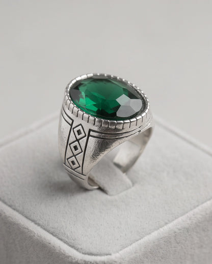 Emerald Gemstone Notched Bezel Geometric Diamond Silver Ring