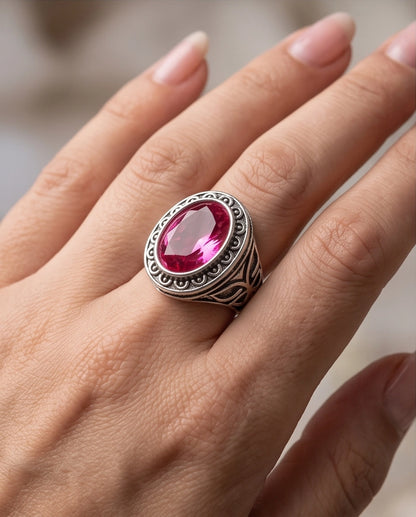 Tourmaline Gemstone Scalloped Bezel Filigree Silver Ring