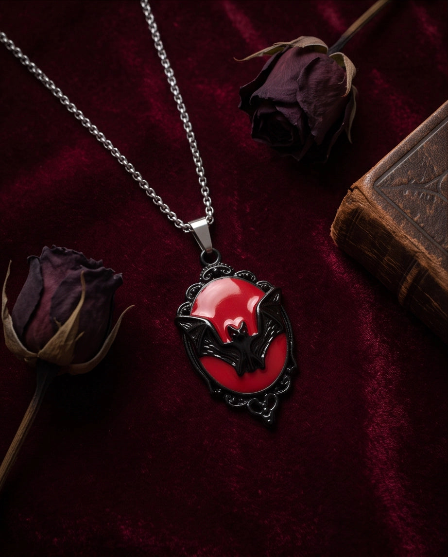 Black Gothic Bat Red Enamel Medallion Chain Necklace
