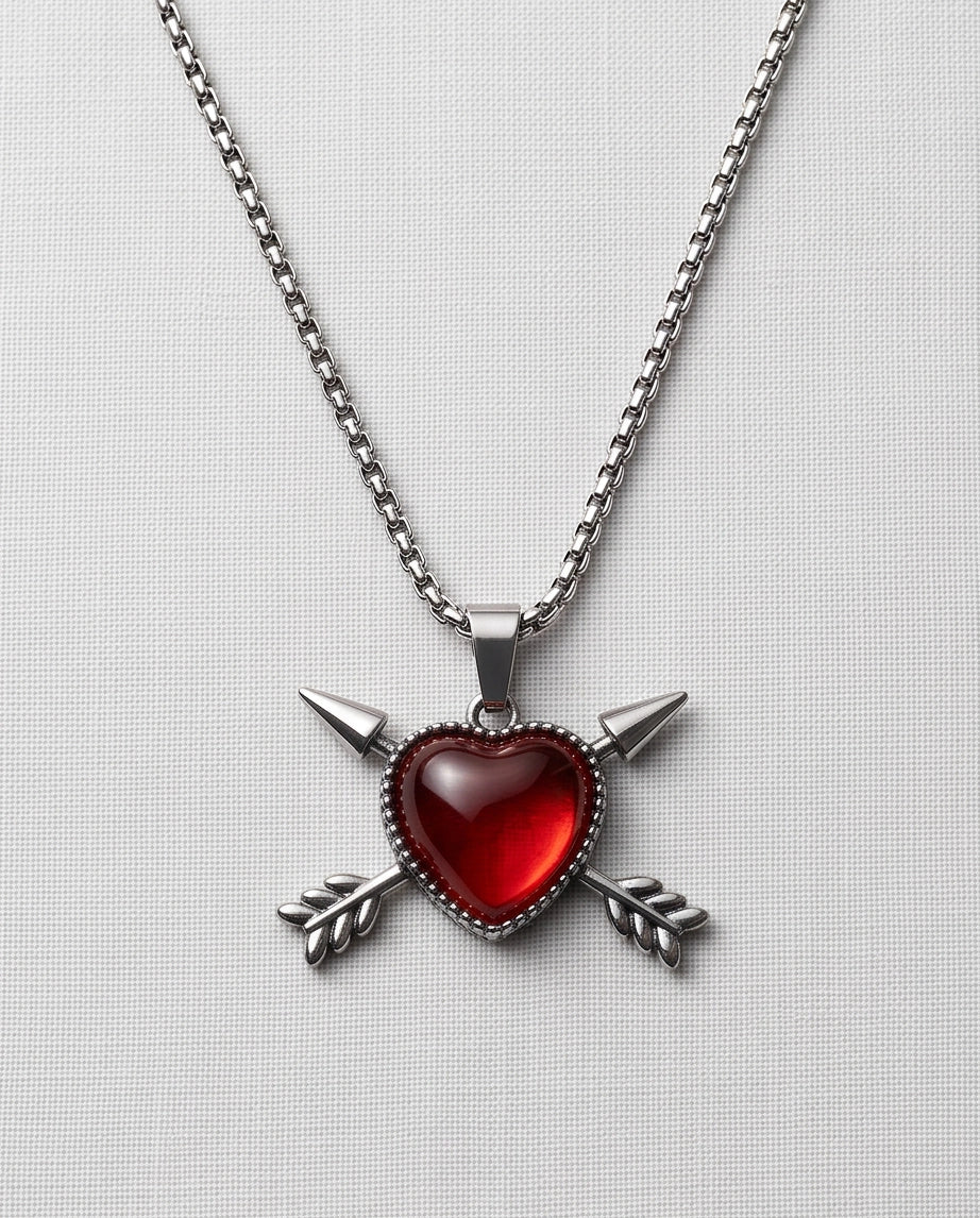 Silver Crossed Arrows Red Heart Gem Pendant Necklace