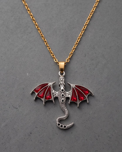 Silver Red Enamel Dragon Wyvern Pendant Necklace