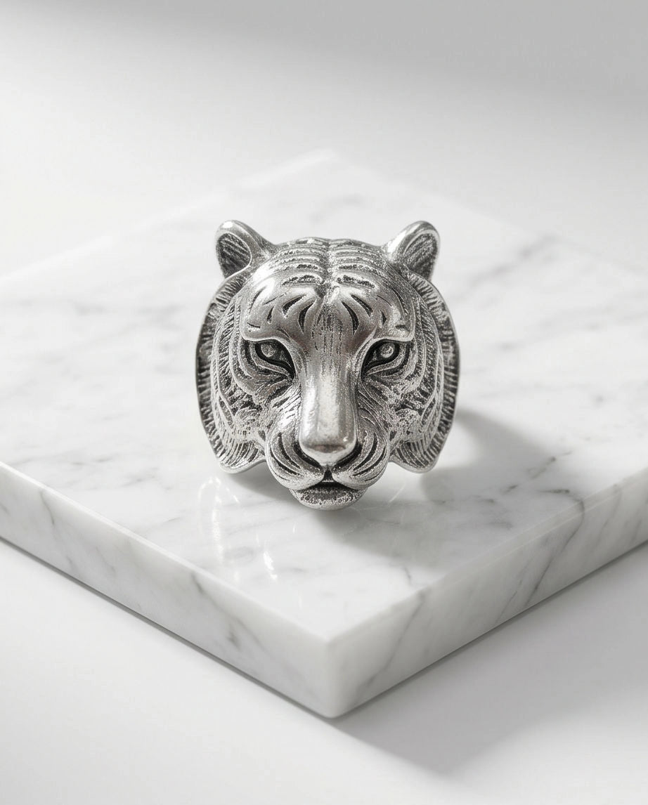Oxidized Silver Sculpted Tiger Signet Ring