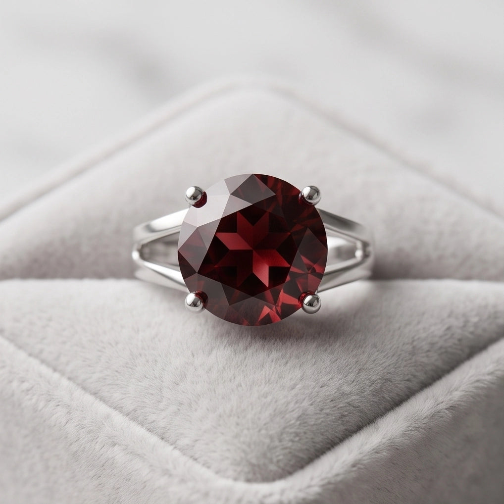 Silver Round Garnet Gemstone Solitaire Ring