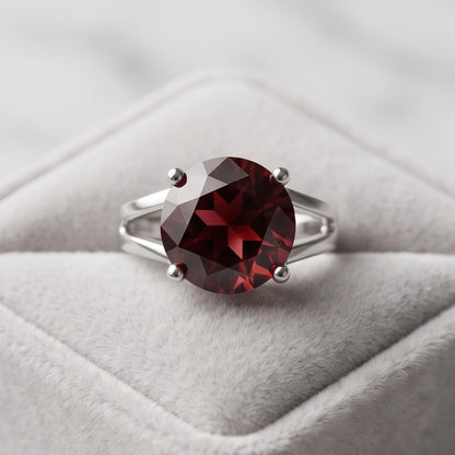 Silver Round Garnet Gemstone Solitaire Ring