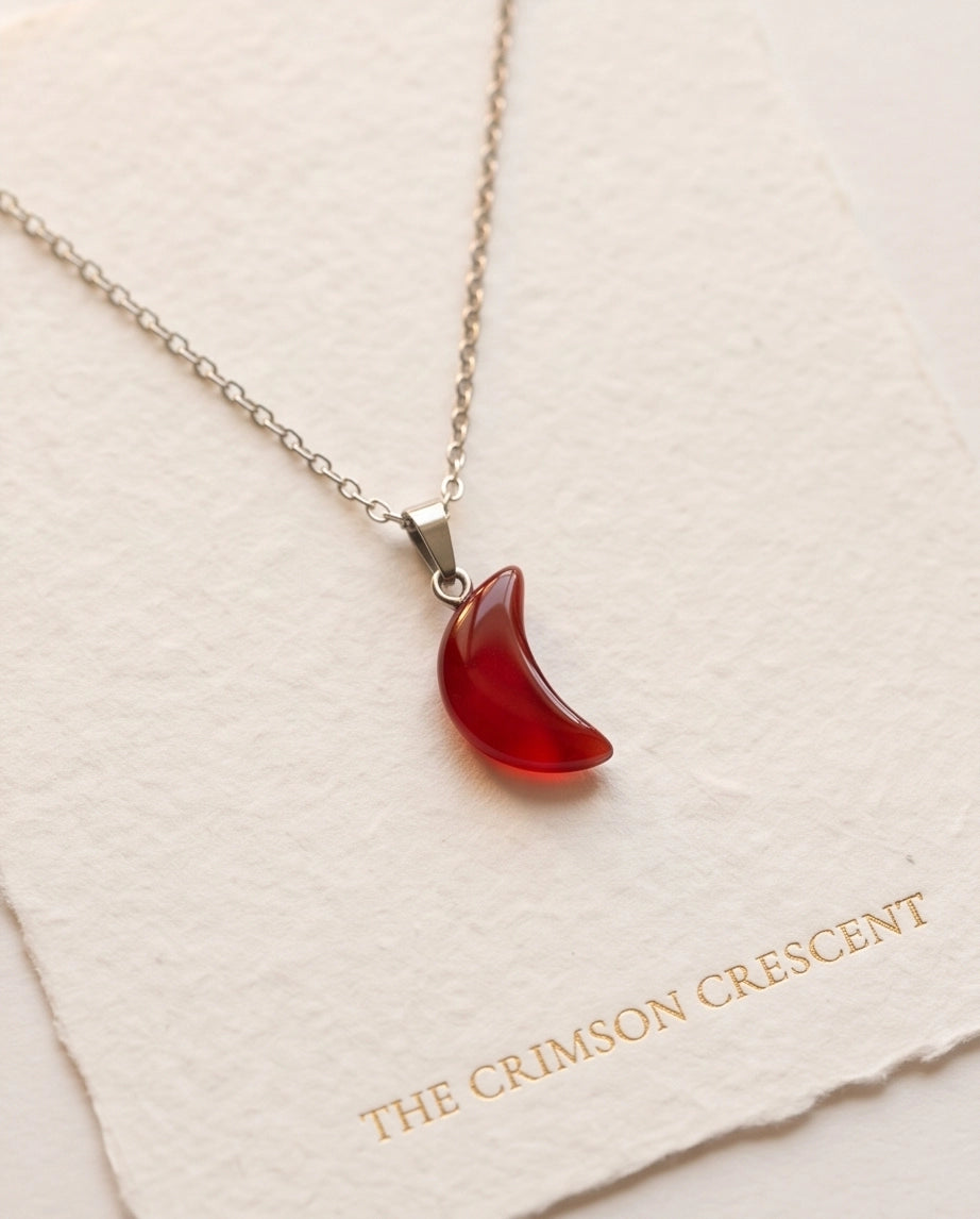 Silver Carnelian Red Crescent Moon Pendant Necklace