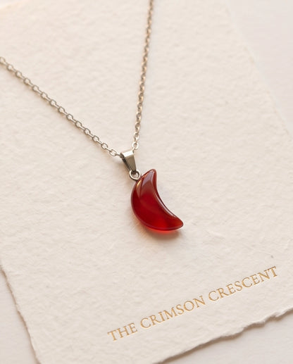 Silver Carnelian Red Crescent Moon Pendant Necklace