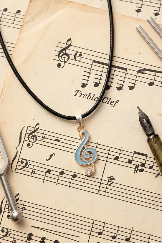 Gold Light Blue Treble Clef Music Necklace