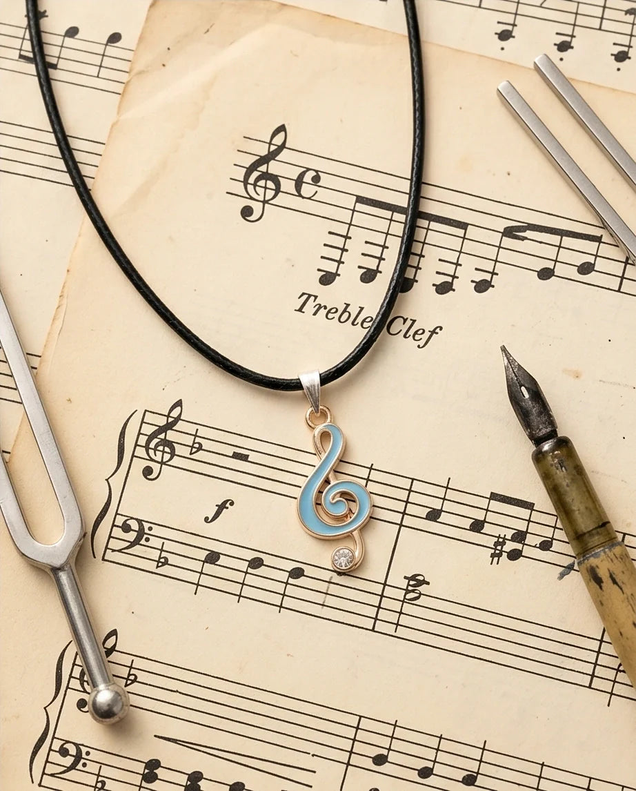 Gold Light Blue Treble Clef Music Necklace