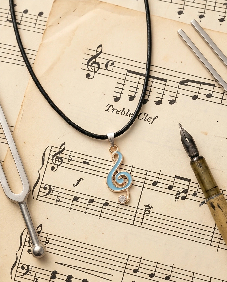Gold Light Blue Treble Clef Music Necklace