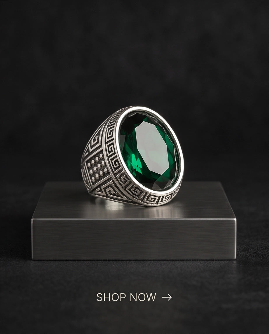 Emerald Gemstone Greek Key Bezel Studded Silver Ring