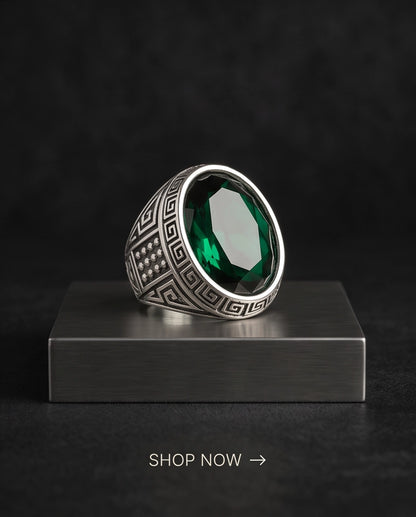 Emerald Gemstone Greek Key Bezel Studded Silver Ring
