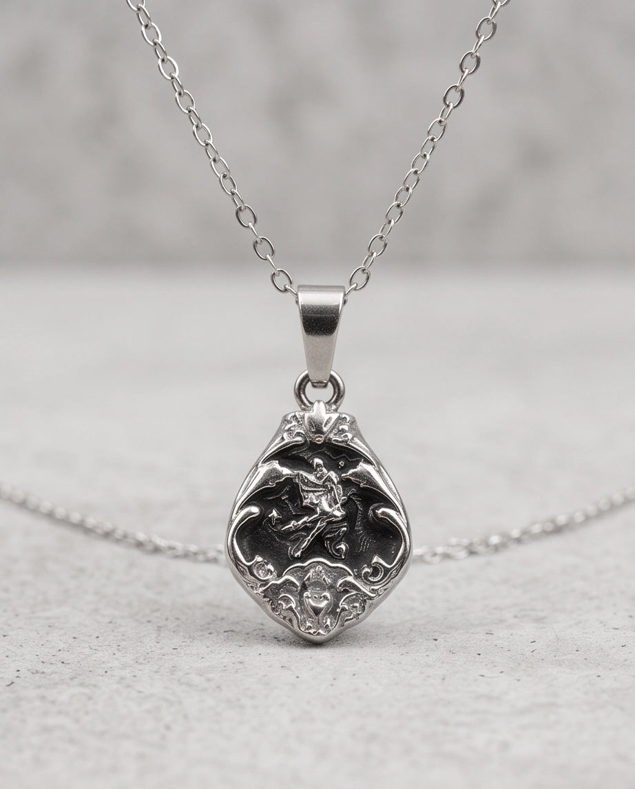 Silver Vintage Cherub Black Enamel Teardrop Pendant Necklace