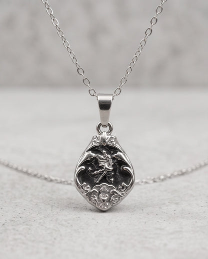 Silver Vintage Cherub Black Enamel Teardrop Pendant Necklace