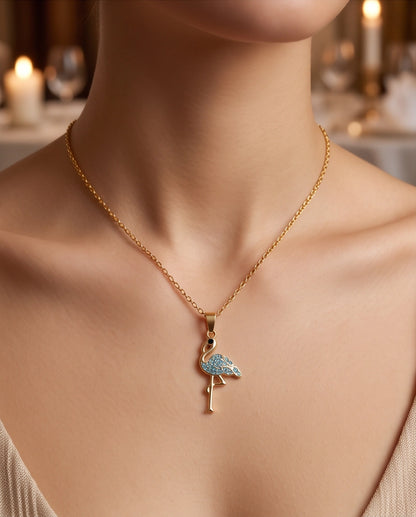 Gold Blue Crystal Paved Flamingo Pendant Necklace