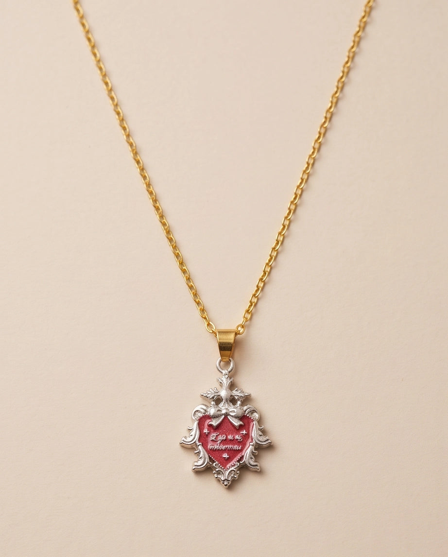 Silver Vintage Heart Engraved Red Enamel Pendant Necklace