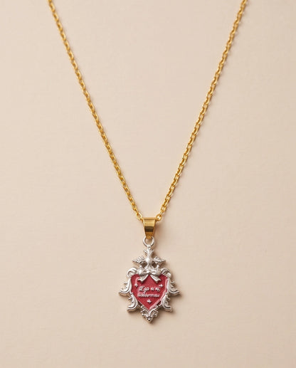 Silver Vintage Heart Engraved Red Enamel Pendant Necklace