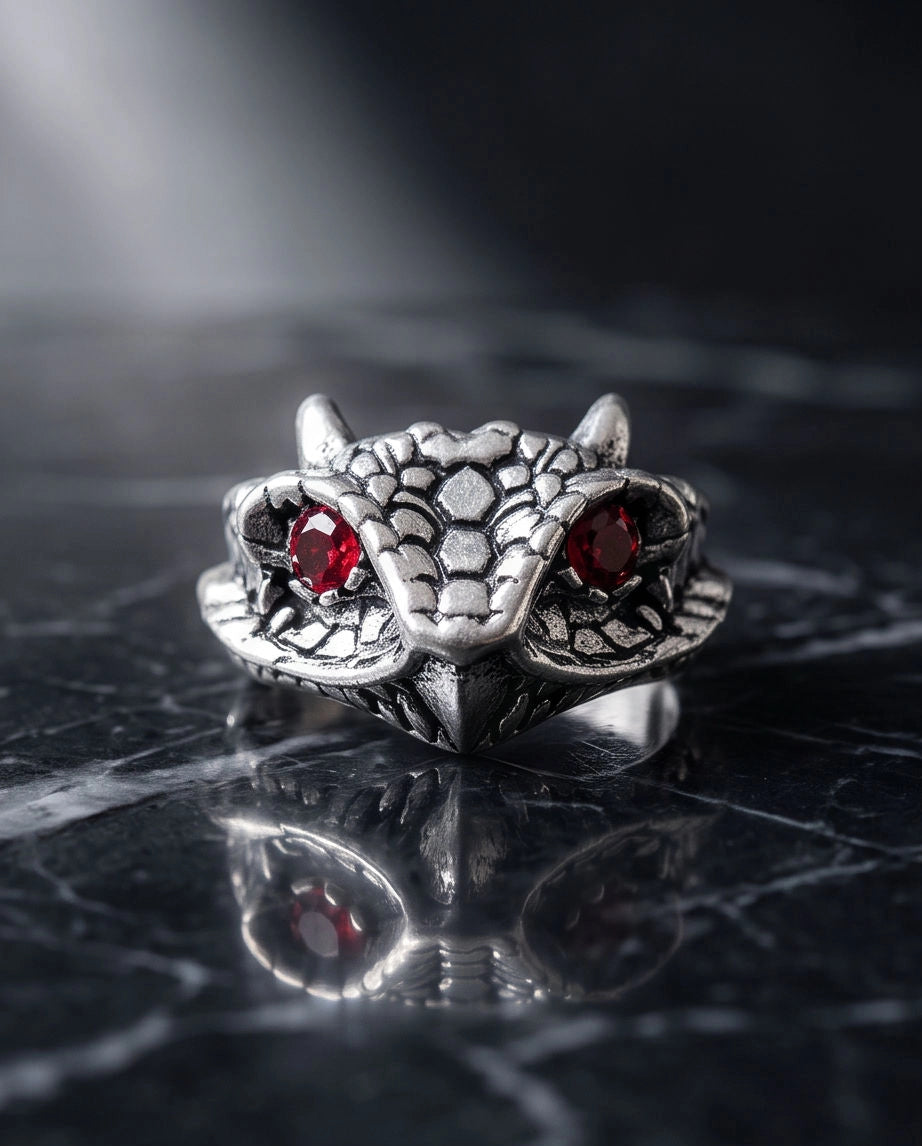 Crimson-Eyed Sculpted Serpent Head Ring
