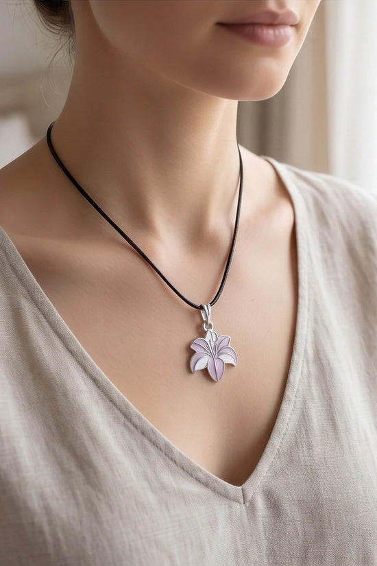Elegant Pastel Pink and White Lily Enamel Pendant Necklace