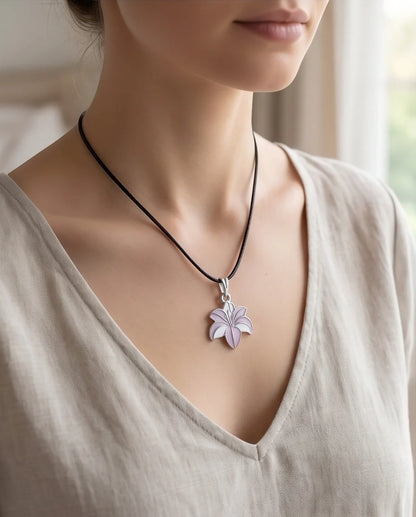 Elegant Pastel Pink and White Lily Enamel Pendant Necklace