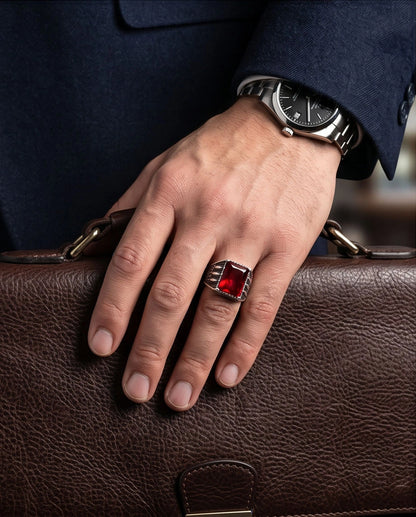 Oxidized Silver Emerald-Cut Garnet Textured Signet Ring
