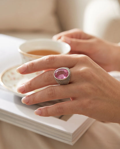 Rose Pink Oval-Cut Gemsonde Brick-Link Silver Ring