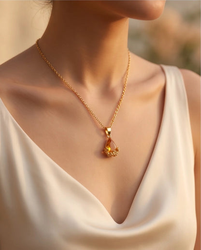 Gold Amber Teardrop Floral Basket Pendant Necklace