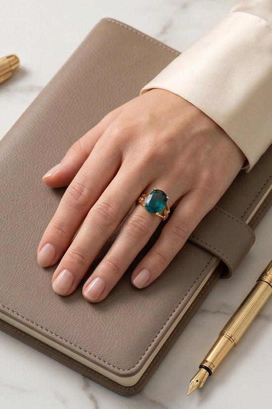 Gold Plated Aqua Blue Topaz Bamboo Leaf Ring