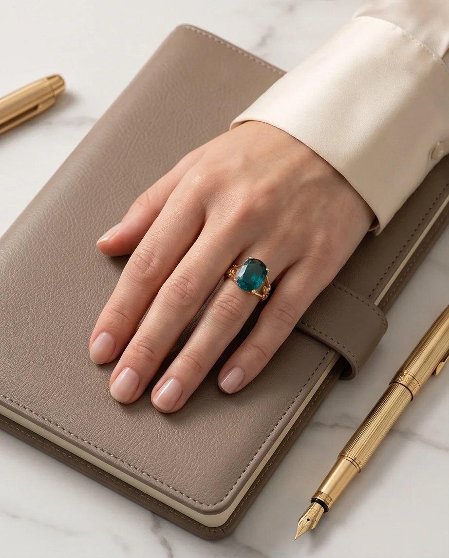 Gold Plated Aqua Blue Topaz Bamboo Leaf Ring