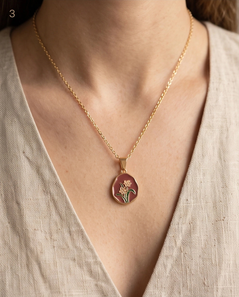 Gold Pink Floral Enamel Medallion Chain Necklace