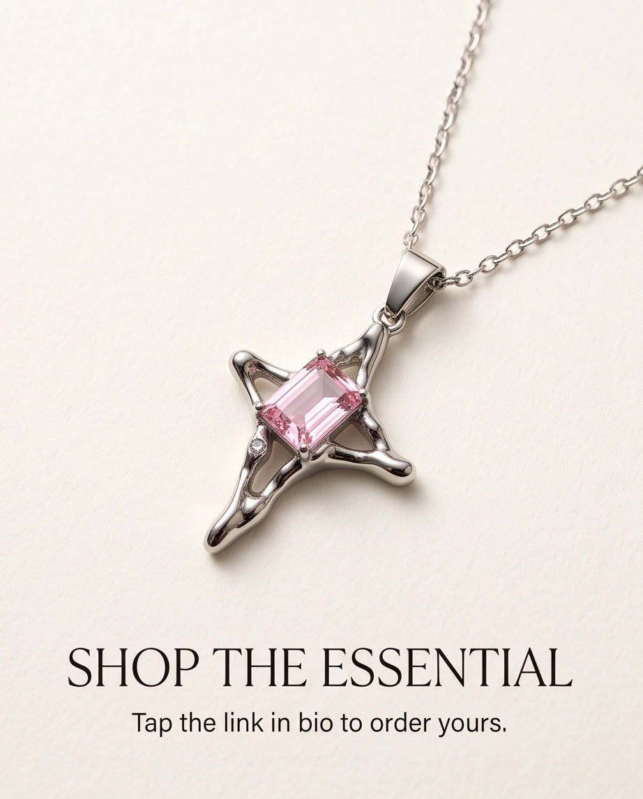 Silver Pink Gemstone Gothic Cross Pendant Necklace