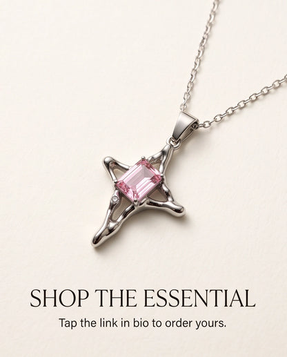 Silver Pink Gemstone Gothic Cross Pendant Necklace