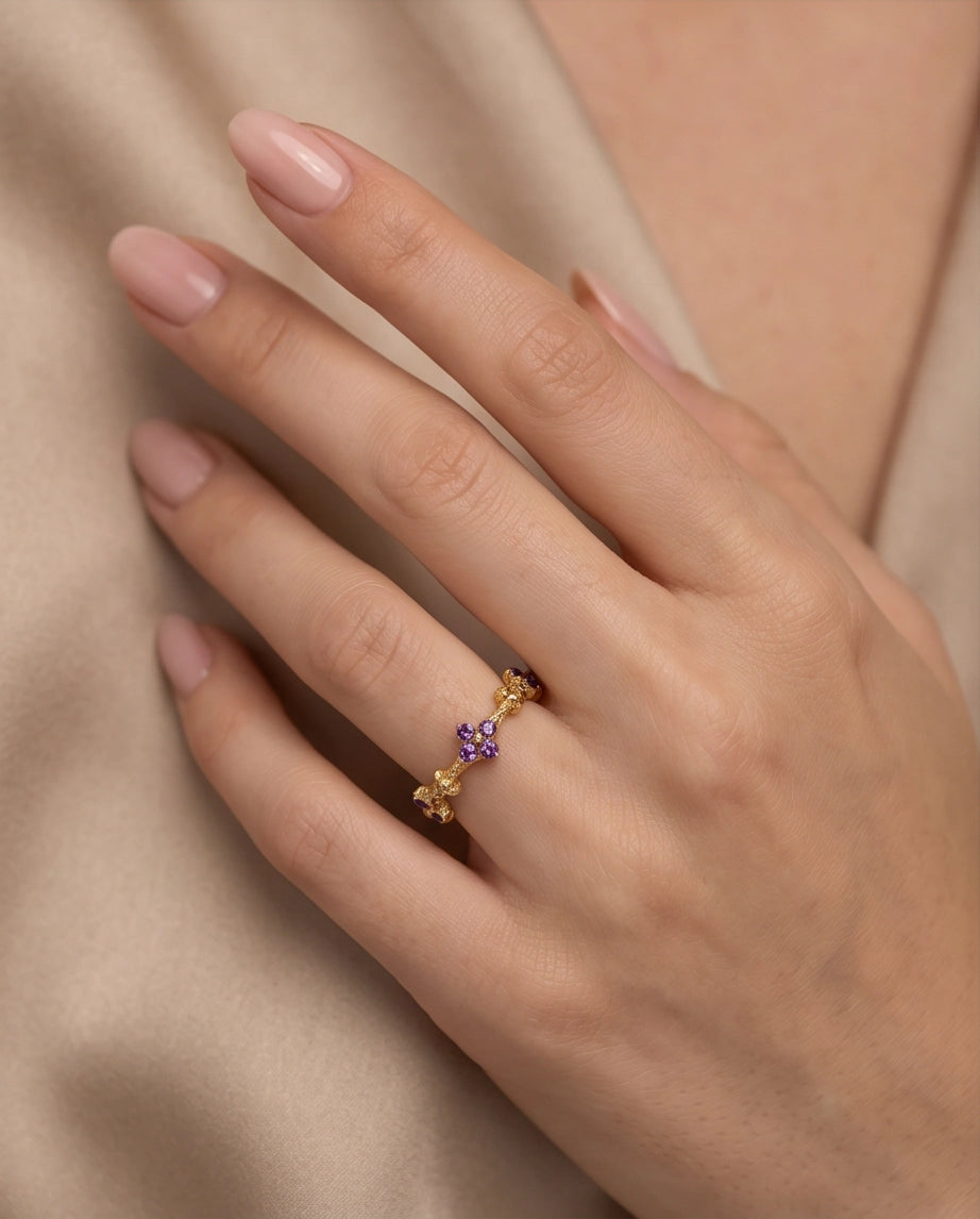 Gold Textured Floral Purple Gemstone Eternity Ring