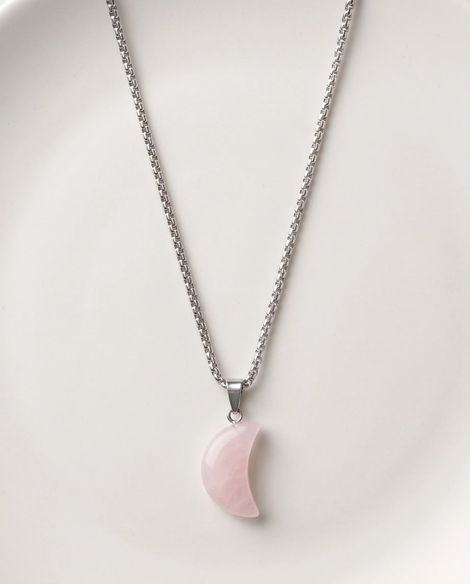 Silver Rose Quartz Pink Crescent Moon Pendant Necklace