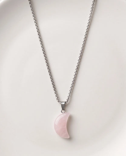 Silver Rose Quartz Pink Crescent Moon Pendant Necklace