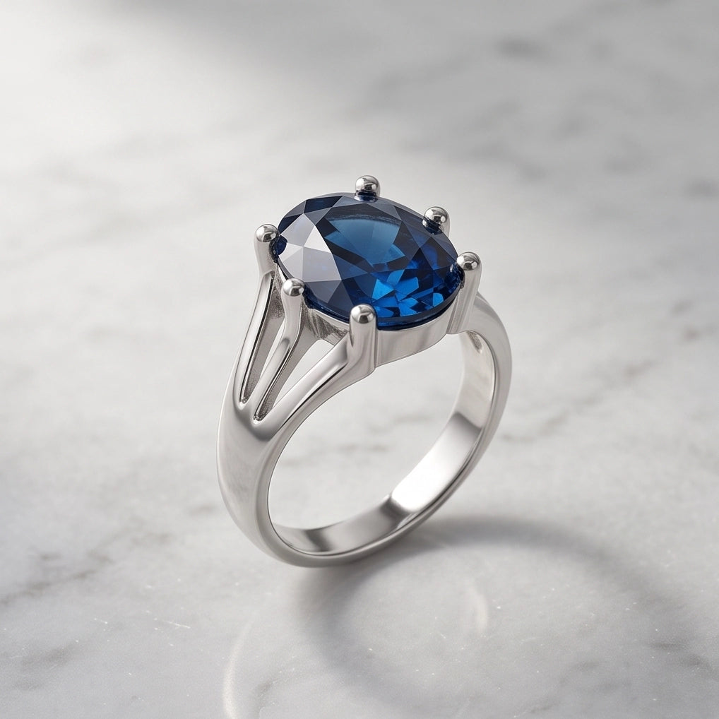 Silver Oval Sapphire Gemstone Solitaire Ring