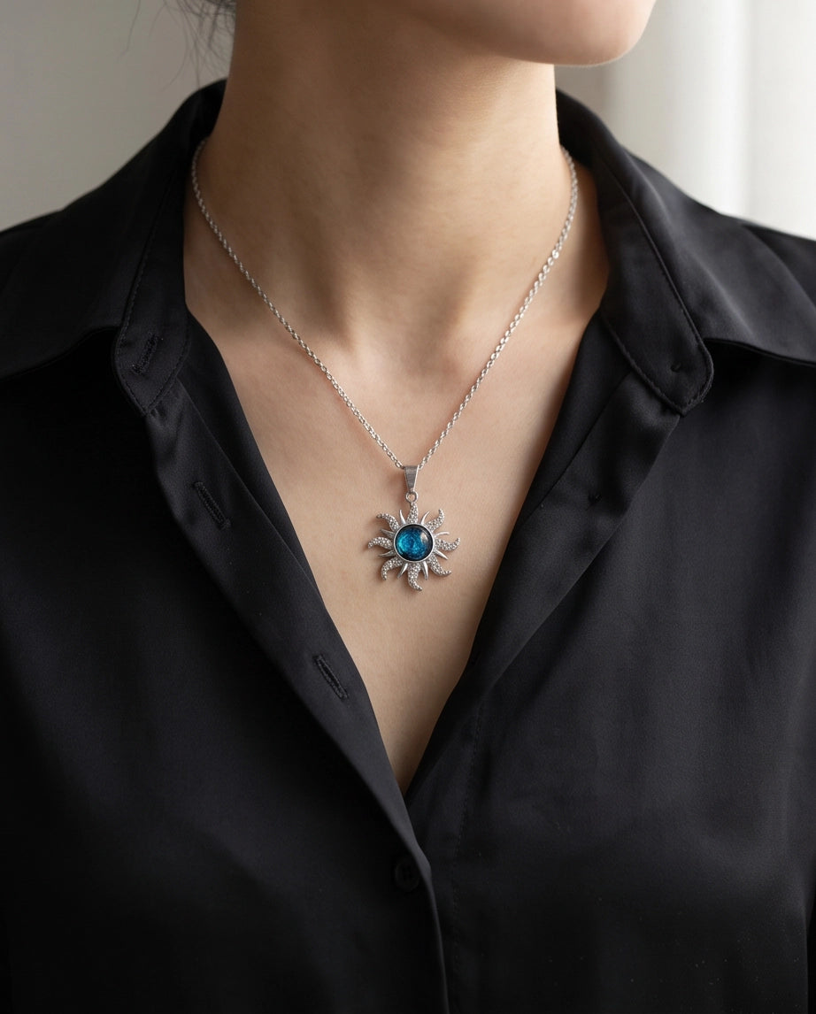 Silver Crystal Celestial Sunburst Galaxy Pendant Necklace