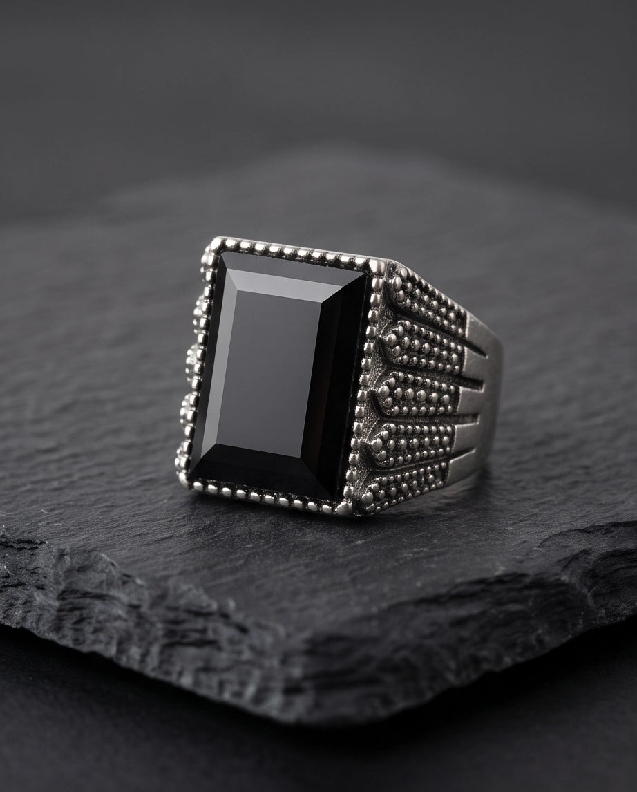 Onyx Gemstone Beaded Frame Emerald-Cut Fluted Stippled Silver Ring