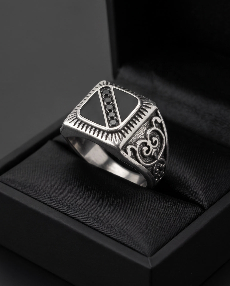 Dark-Stone Channel Inlay Filigree Scroll Silver Ring