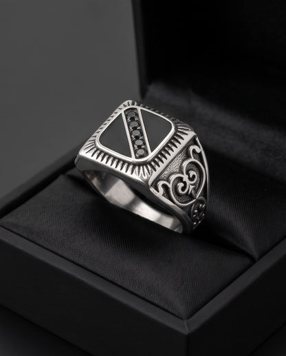 Dark-Stone Channel Inlay Filigree Scroll Silver Ring