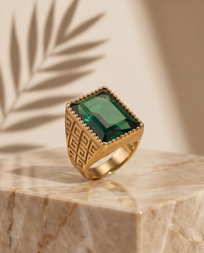 Emerald Cut Beaded-Rim Greek Key Gold Ring