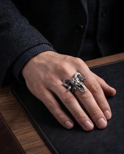 Oxidized Silver Ram Skull Sculpted Ring
