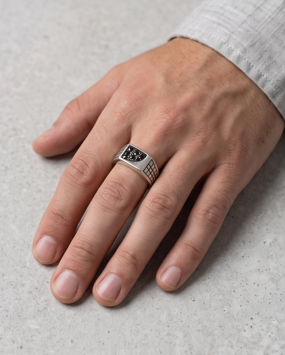 Garnet Micro-Pavé Geometric Segment Band Silver Ring