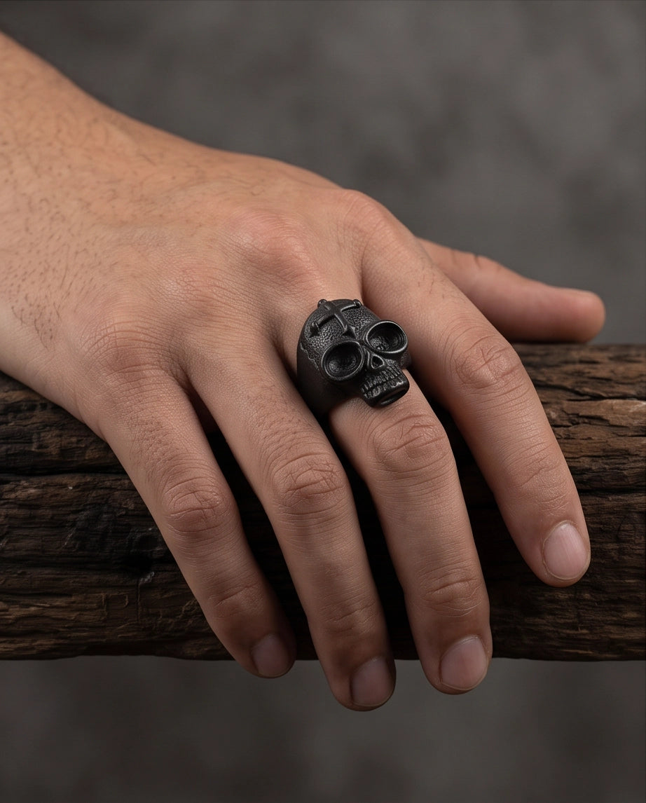 Matte Black Gothic Cross-Embossed Anatomical Skull Ring