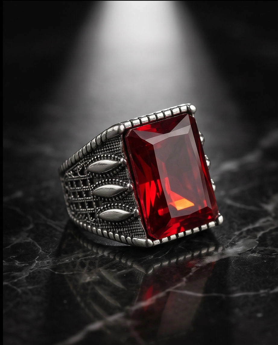 Oxidized Silver Emerald-Cut Garnet Textured Signet Ring