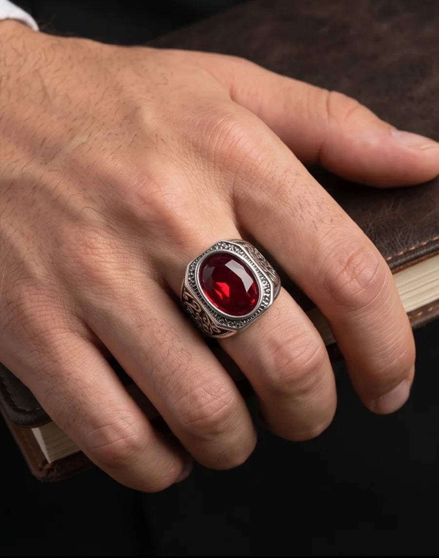 Crimson Gemstone Octagonal Bezel Scrollwork Silver Ring
