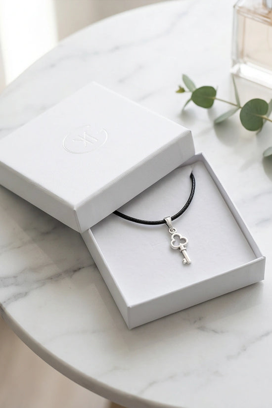 The Secret Keeper: Minimalist Silver Clover Key Pendant Necklace