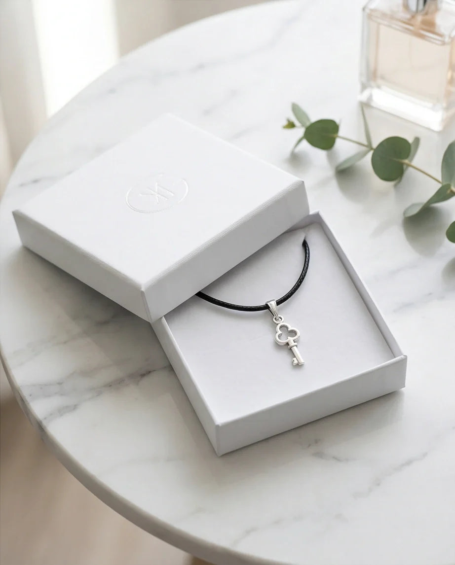 The Secret Keeper: Minimalist Silver Clover Key Pendant Necklace
