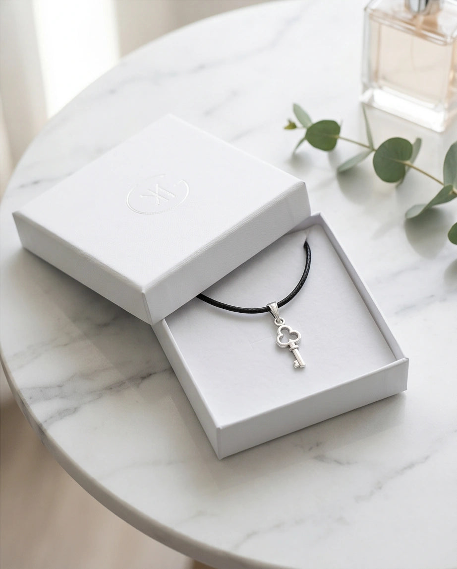 The Secret Keeper: Minimalist Silver Clover Key Pendant Necklace