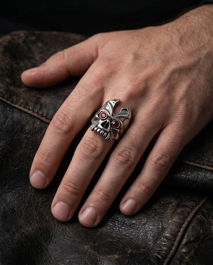 Ruby-Eyed Horned Demon Skull Ring
