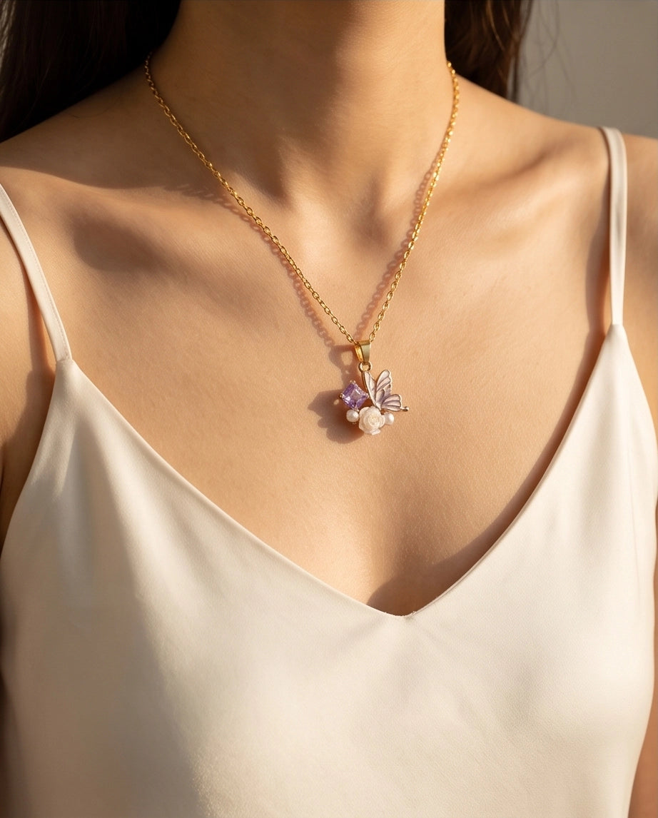 Gold Purple Enamel Butterfly & Pearl Rose Cluster Pendant Necklace